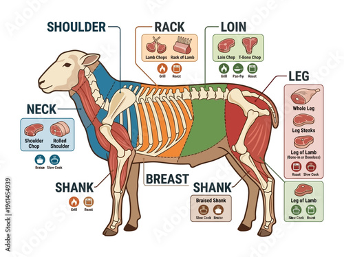 Diagram illustrating the different cuts of meat from a sheep carcass, including popular options like leg, loin, and rack