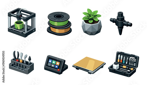 3d printer components and gardening tools on dark surface