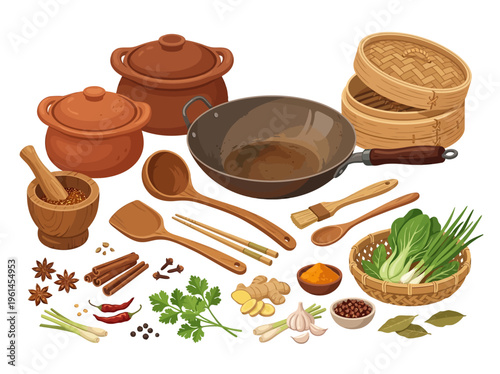 An assortment of Asian cooking ingredients and tools, including spices, vegetables, and cookware