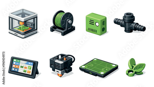 3d printer parts and plant monitoring devices on gray background