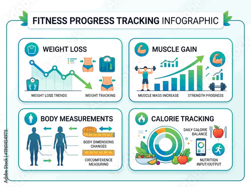 Fitness Progress Tracking Infographic Visualizing Weight Loss, Muscle Gain, Body Measurements, and Calorie Balance