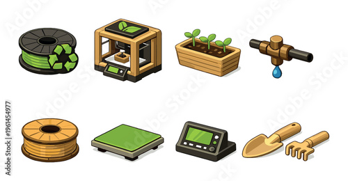 Recycled filament and 3d printer with planter on brown background