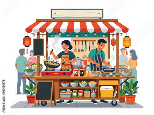 Asian Street Food Stall with Chefs Cooking and Customers Ordering Food at a Vibrant Market Stall
