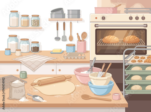Cozy kitchen scene depicting the process of baking bread and cookies, with ingredients and tools spread across a wooden countertop