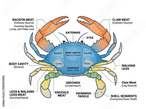 Detailed Anatomical Diagram of a Crab, Illustrating Key Body Parts and Culinary Uses