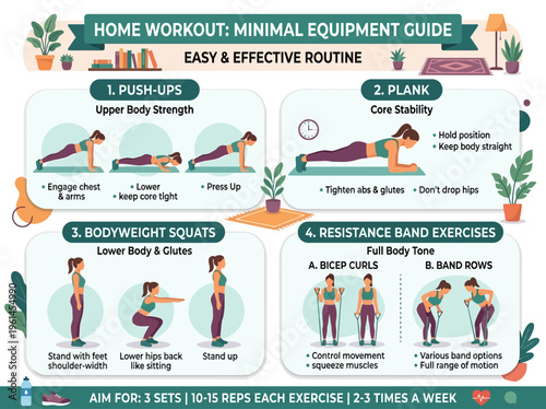 Minimal Equipment Home Workout Routine for Upper Body Strength, Core Stability, Bodyweight Squats, and Resistance Band Exercises
