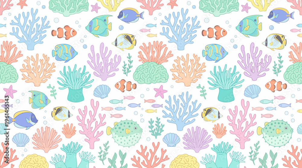 Fototapeta premium Vibrant Coral Reef Pattern with Multicolored Sea Fans and Underwater Plants.