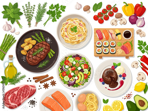 A vibrant and diverse collection of delicious foods, from savory steaks and fresh seafood to colorful salads and sweet desserts, presented in a flat lay style
