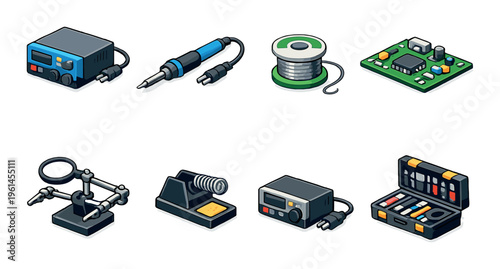 Soldering station and electronics tools displayed on dark background