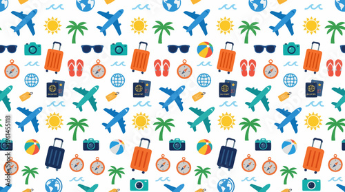 Vibrant travel pattern featuring airplanes, luggage, and tropical imagery.