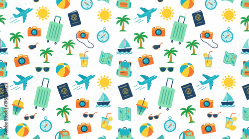Vibrant travel and vacation icons scattered across a cheerful collage.