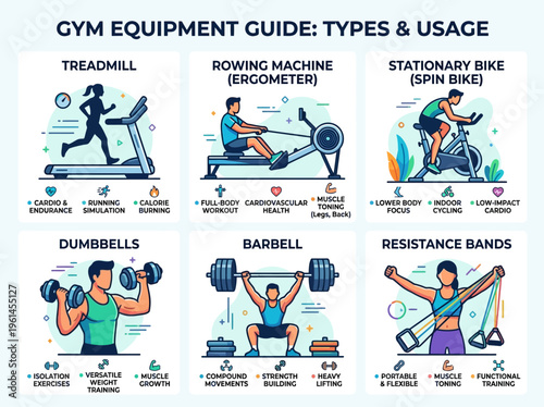Comprehensive Gym Equipment Guide Featuring Treadmills, Rowing Machines, Spin Bikes, Dumbbells, Barbells, and Resistance Bands with Usage Tips