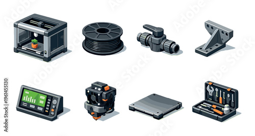 3d printer components and tools displayed on gray background