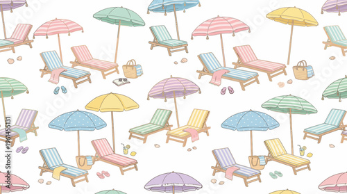 Bright Beach Scene with Colorful Umbrellas and Lounge Chairs in a Sunny Resort Setting.
