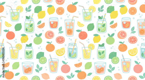 Colorful Citrus Drinks Pattern Featuring Lemons Limes Oranges and Glasses.