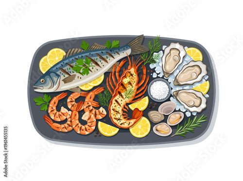Exquisite Fine Dining Seafood Platter Grilled Fish, Lobster, Shrimp, Oysters, and Clams - A Culinary Masterpiece