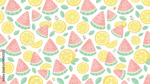 Bright citrus and watermelon pattern repeated on pastel background for textiles and design.