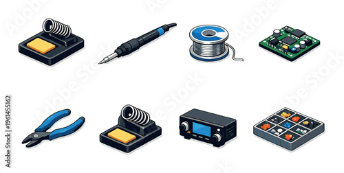 Electronics repair tools and components arranged on gray background