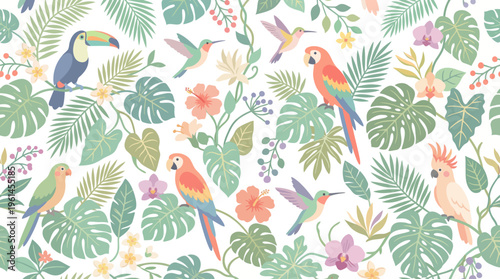Vibrant tropical birds among lush rainforest foliage and tropical leaves with colorful plumage and exotic perches.