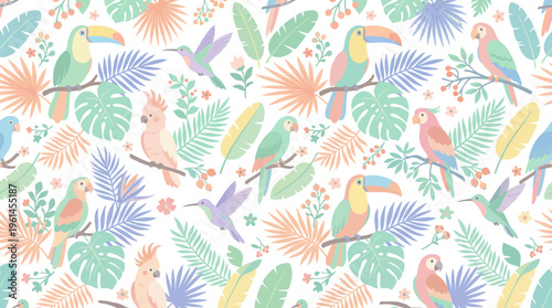 Colorful tropical toucan pattern with leaves and vibrant birds for textile and wallpaper design.