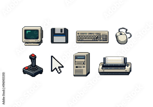 Retro computer peripherals arranged on white background