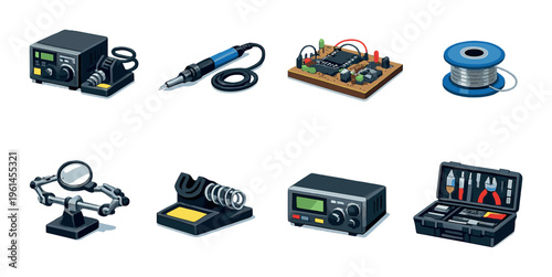 Soldering workstation components including tools on gray backdrop