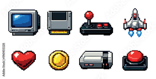 Pixel game icons arranged on gradient gray background