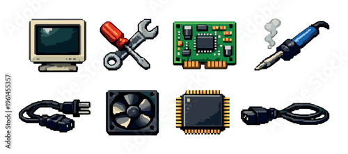 Computer parts and repair tools arranged on gray surface