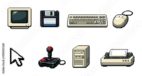 Computer peripherals arranged in rows on gray background