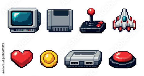 Pixel game icons including joystick console and pickups