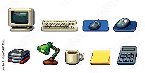 Monitor keyboard mice and desk accessories arranged on gray