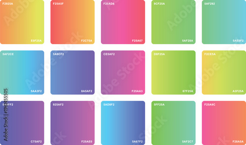 Vibrant gradient color swatches set, 15 colorful square palettes with hex codes, modern neon and pastel color samples for graphic design, professional digital branding color collection