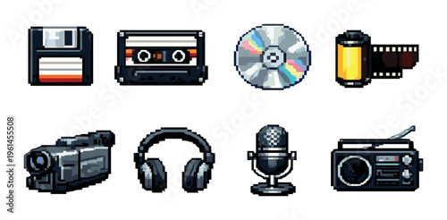 Audio and media icons including cassette camcorder microphone and radio