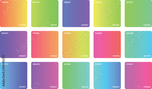 Vibrant gradient color palette collection, set of 15 colorful square swatches with hex codes, modern aesthetic color guide for digital design, professional UI UX branding color scheme