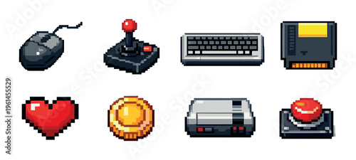 Computer mouse and retro gaming icons on gray background