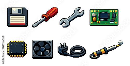 Electronic tools and hardware components arranged on gray background
