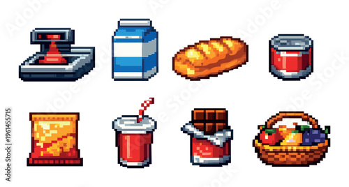 Pixel food icons arranged in grid on gray background