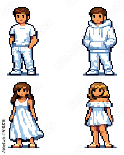 Four pixel characters wearing casual outfits on gray background