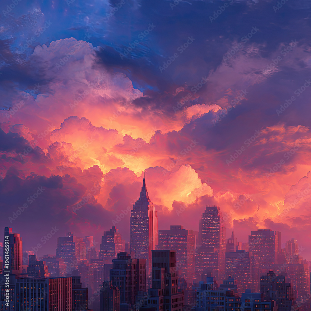 Obraz premium Dramatic Sunset Over City Skyline A Vibrant Urban Landscape.