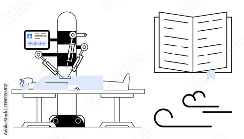 Healthcare technology, robotic surgery, medical innovation, futuristic medicine, patient care, automation. A robotic system operating on a patient with a medical chart and artistic details. Robotic