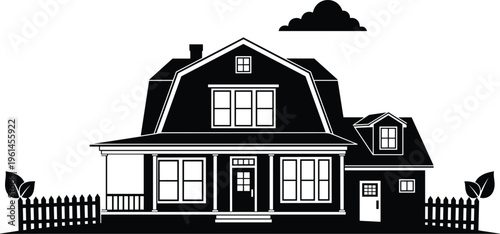 Stylized decorative residential house vector illustration featuring steep roof, chimney, porch columns, picket fence, plants, cloud, creative architectural artwork design.