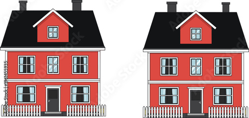 Stylized decorative twin red houses illustration featuring black roofs, white trim, picket fences, chimneys, symmetrical windows, creative architectural artwork design.