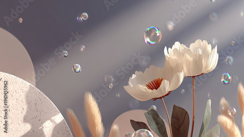 Dreamy floral scene with bubbles and soft light artistic composition.