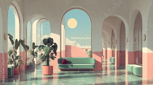 Dreamy Interior with Arches Plants and Distant Landscape.