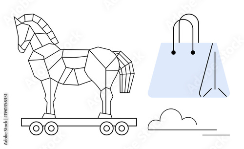 Cybersecurity, online shopping, e-commerce threats, malware, data protection, digital risk. Geometric Trojan horse near a shopping bag. Cybersecurity and online shopping risk concept