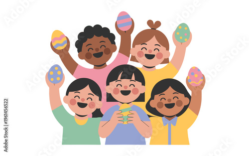 Happy children are celebrating with decorated easter egg.