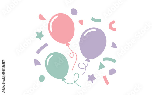 Colorful balloons and confetti create a festive atmosphere.