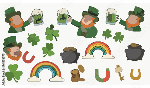 Cute Retro Doodle St. Patrick’s Day Sticker Pack with Leprechauns and Beer Mugs