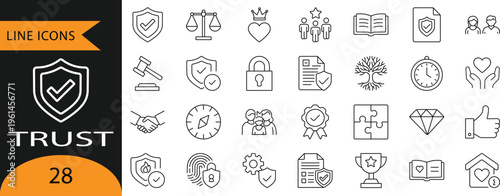Trust and security line icons set for business protection and reliability.