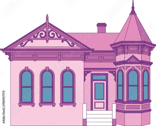 Stylized decorative Victorian house illustration featuring pink facade, purple trim, turret bay window, arched windows, ornate gables, creative architectural artwork design.